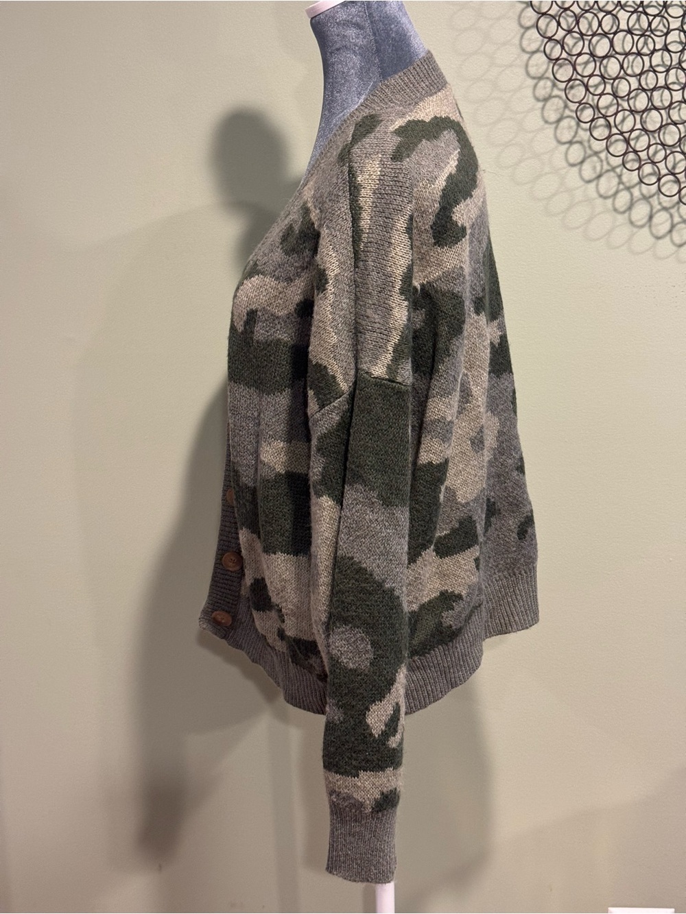 Lucky Brand Camo Cardigan Sweater Wool Blend Buttons Oversized V-Neck XL - Picture 3 of 6